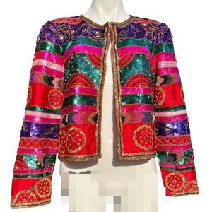 Leslie Fay Evenings Red Silk Sequin And Bead Blazer Size Large